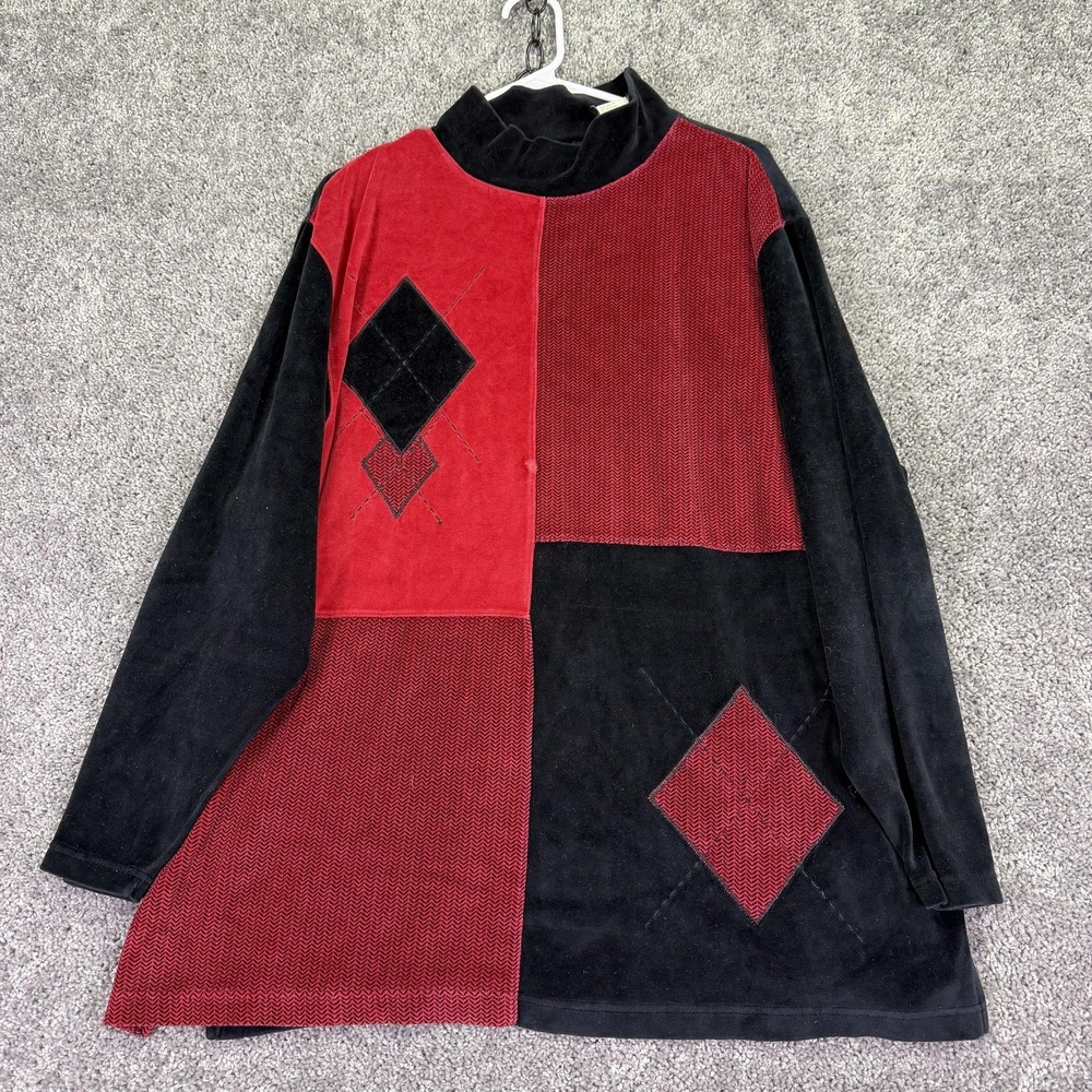 Erika II Blouse Womens 2X Black Red Colorblock Velour Mock Neck Tunic Casual